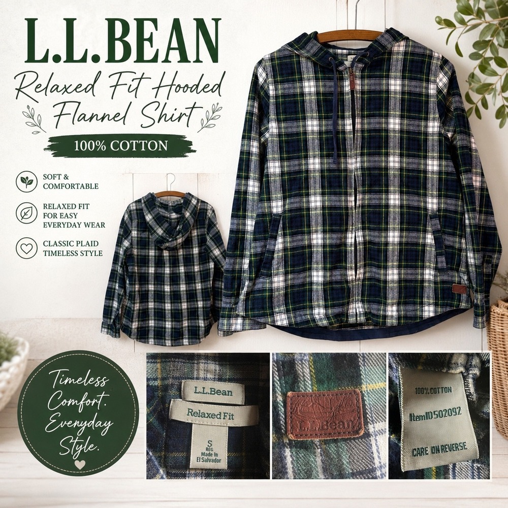 LL Bean Relaxed Fit Hooded Flannel Shirt Blue Green Plaid Full Zip Cotton S